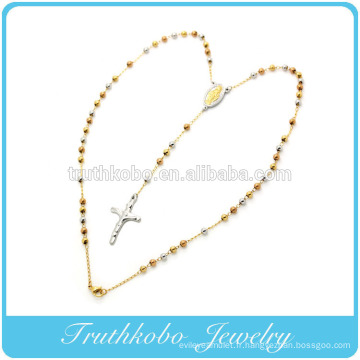 2016 haute qualité en acier inoxydable trois tons or jésus crucifix 4mm perles chapelet collier